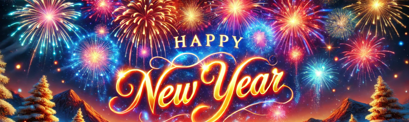 Happy New Year fireworks in a vibrant night sky with elegant glowing text
