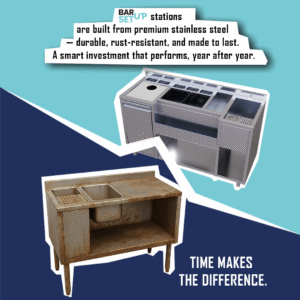 Premium stainless steel bar station next to a worn-out, outdated wooden bar setup