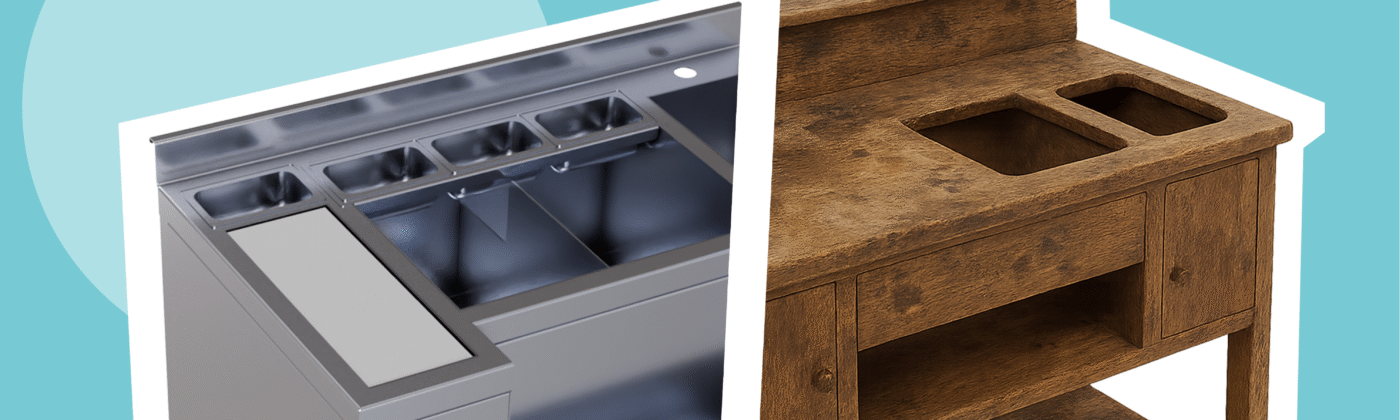 Premium stainless steel bar station next to a worn-out, outdated wooden bar setup