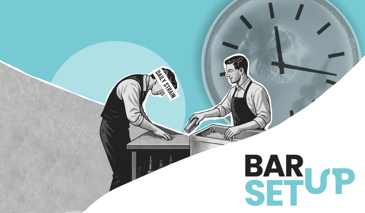 Two bartenders compared: poor posture at an old station vs. correct posture at an ergonomic BarSetup station