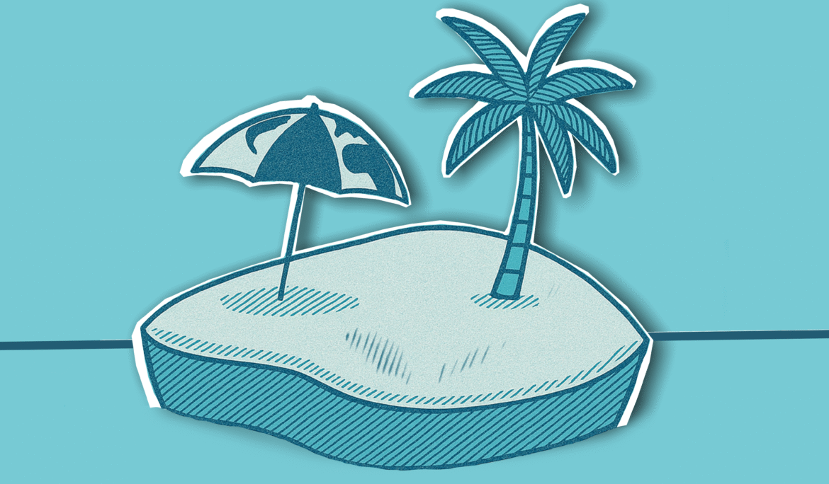 Minimalist illustration of a tropical island with a beach umbrella and a palm tree, surrounded by turquoise ocean – representing BarSetup’s summer break.