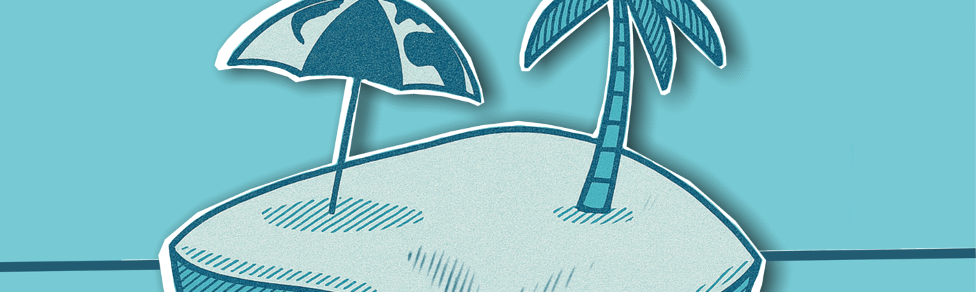 Minimalist illustration of a tropical island with a beach umbrella and a palm tree, surrounded by turquoise ocean – representing BarSetup’s summer break.