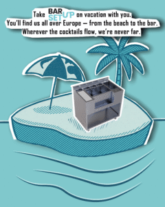 Minimalist illustration of a tropical island with a beach umbrella and a palm tree, surrounded by turquoise ocean – representing BarSetup’s summer break.