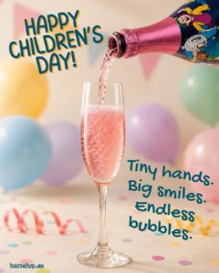 Happy Children's Day celebration with a sparkling pink soft drink being poured into a champagne glass