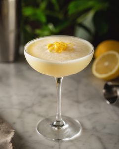 Lemon Chiffon Pie cocktail served in a coupe glass with fresh lemon zest, whipped cream and vanilla ice cream